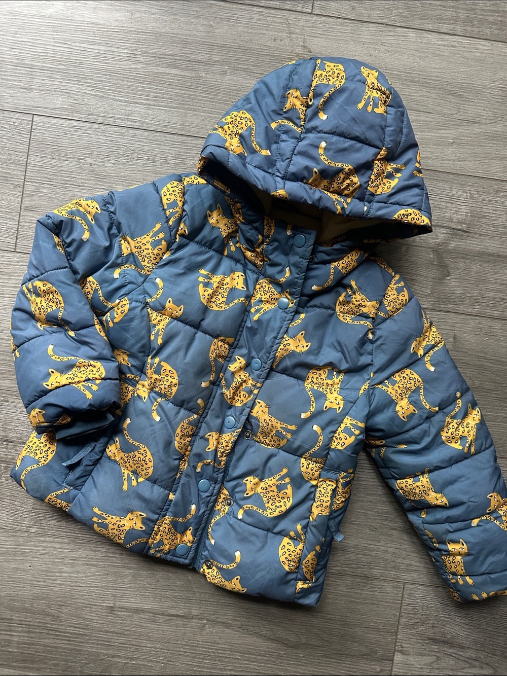 Blue Waterproof Leopard-Print Cats Hooded Puffer Jacket for Kids size XS